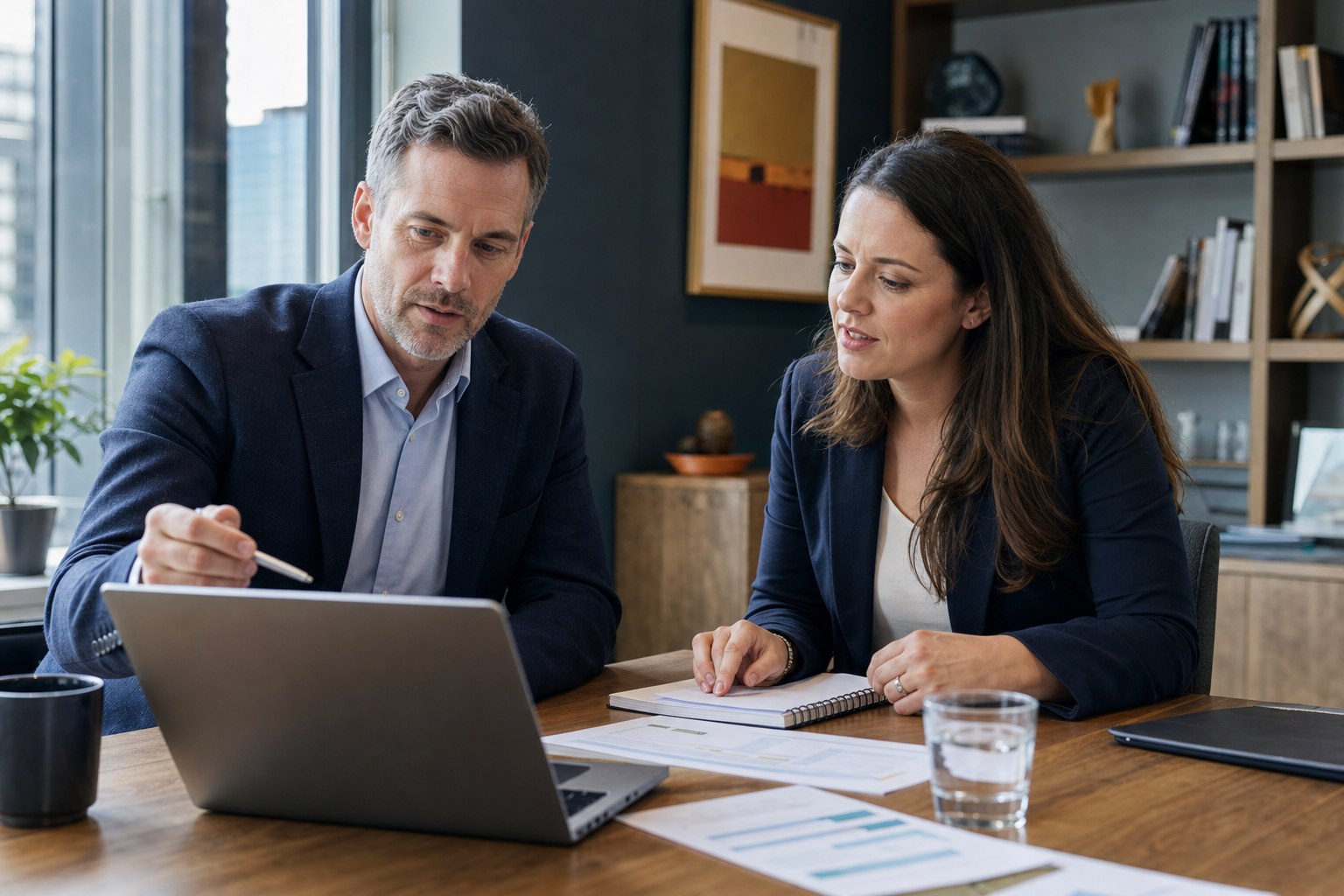A physician and a digital information professional collaborating at a table while reviewing a public physician-profile concept.