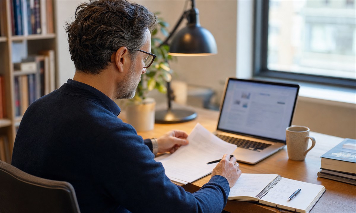 A physician working at a desk with a laptop and administrative notes while developing clear public professional information.